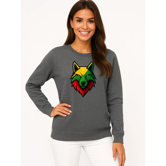 Moteriškas pilkas džemperis be gobtuvo Vilkas Džemperiai su užrašais