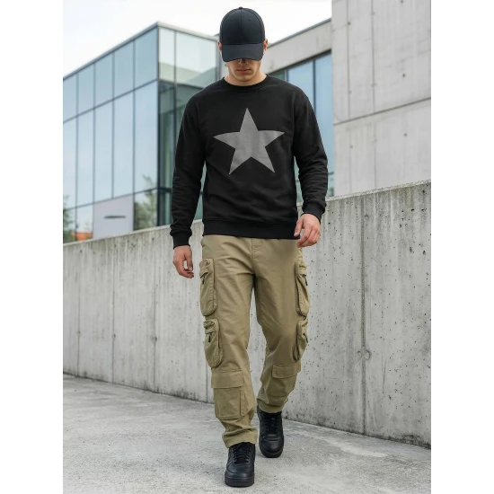 Vyriškas juodas džemperis be gobtuvo Star Džemperiai su užrašais