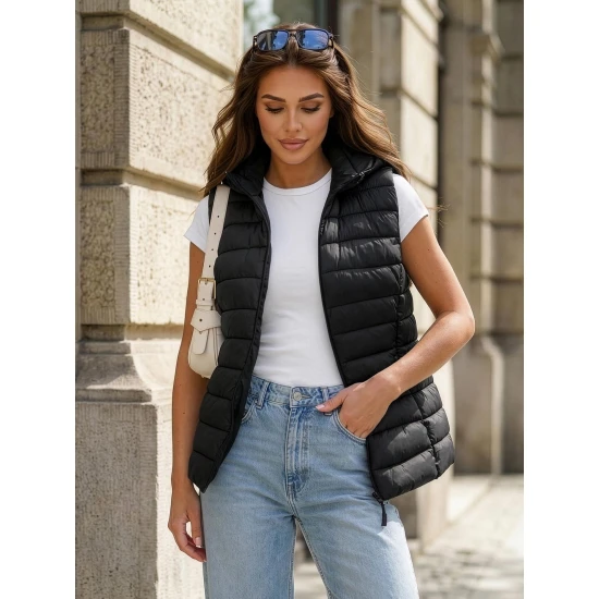 Moteriška juoda liemenė su gobtuvu Senti Moteriškos liemenės