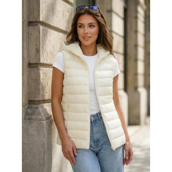 Moteriška balta liemenė su gobtuvu Senti Moteriškos liemenės