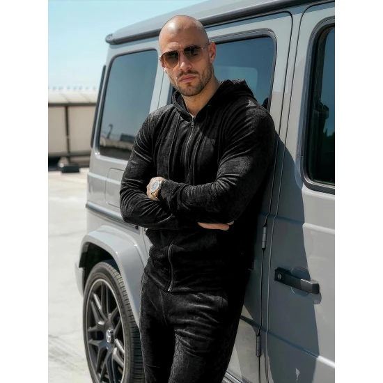 Juodas vyriškas veliūrinis komplektas Silk Sportiniai kostiumai Premium