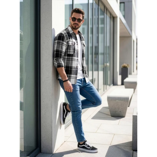 Vyriški balti/juodi flaneliniai marškiniai Cory Marškiniai