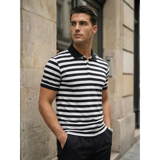 Vyriški dryžuoti juodi polo marškinėliai Captain POLO marškinėliai