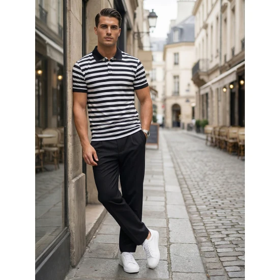 Vyriški dryžuoti juodi polo marškinėliai Captain POLO marškinėliai