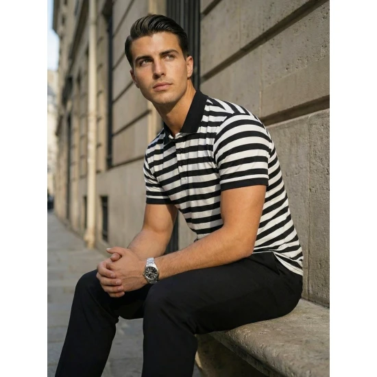 Vyriški dryžuoti juodi polo marškinėliai Captain POLO marškinėliai