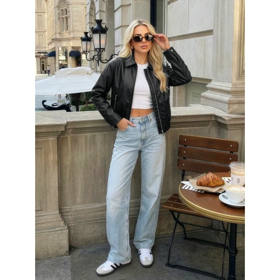 Moteriška juodos spalvos odinė striukė Jase Moteriškos striukės