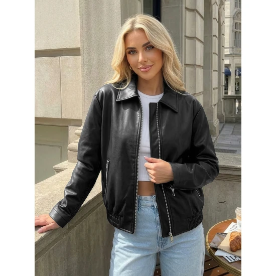 Moteriška juodos spalvos odinė striukė Jase Moteriškos striukės