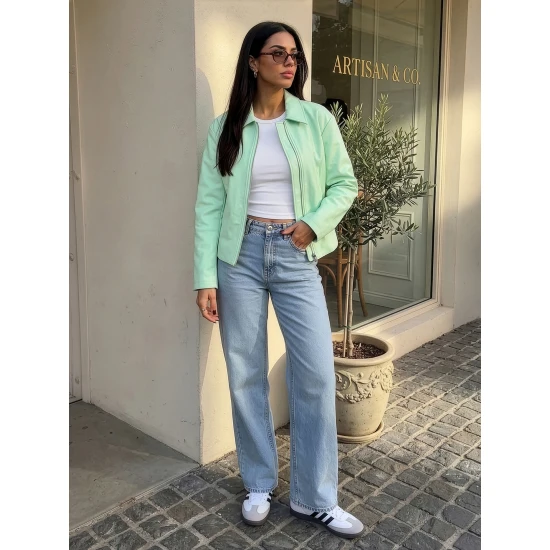 Moteriška mėtinės spalvos odinė striukė Jase Moteriškos striukės