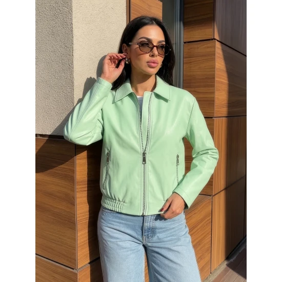 Moteriška mėtinės spalvos odinė striukė Jase Moteriškos striukės