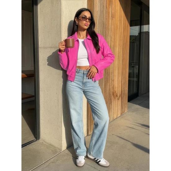 Moteriška rožinės spalvos odinė striukė Jase Moteriškos striukės