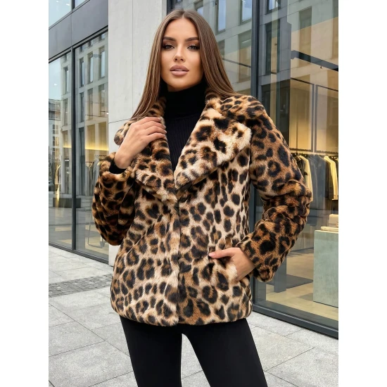 Moteriška ruda kailinė striukė su gyvūniniu raštu Leopard Moteriškos striukės