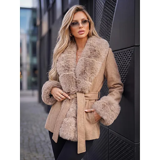 Breda Women's Brown Coat with Fur Trim