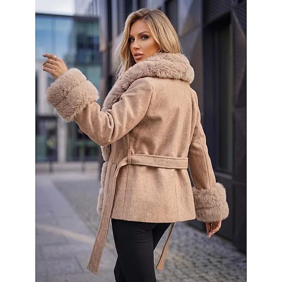 Breda Women's Brown Coat with Fur Trim