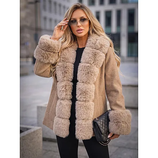 Breda Women's Brown Coat with Fur Trim