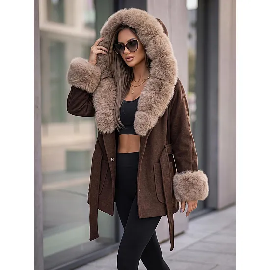Mika Women's Brown Coat with Fur Trim