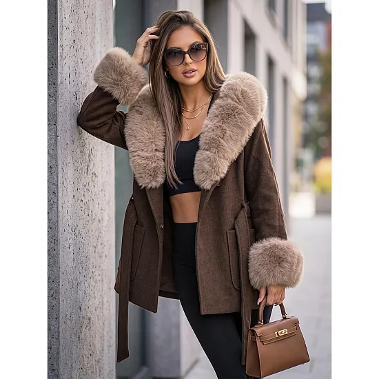 Mika Women's Brown Coat with Fur Trim
