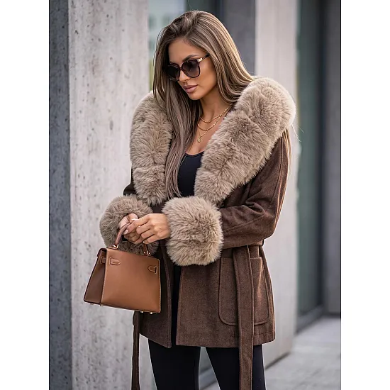 Mika Women's Brown Coat with Fur Trim
