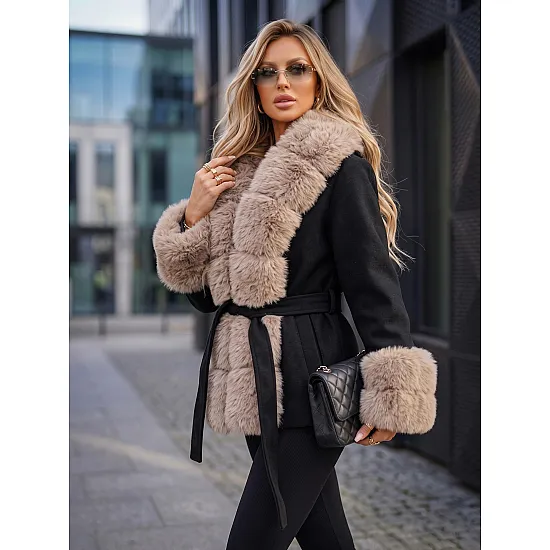 Breda Women's Black Coat with Tan Fur Trim