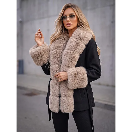 Breda Women's Black Coat with Tan Fur Trim