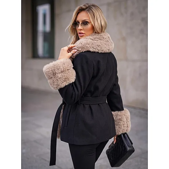 Breda Women's Black Coat with Tan Fur Trim