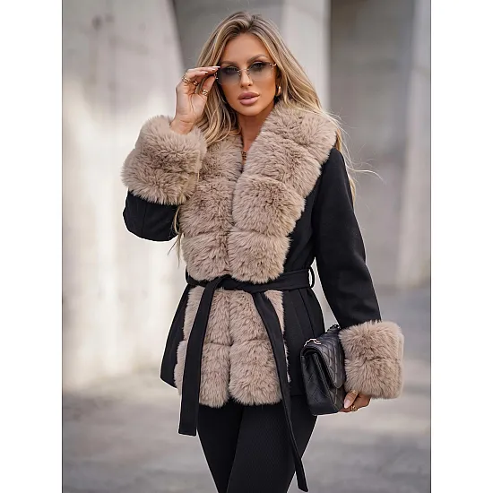 Breda Women's Black Coat with Tan Fur Trim