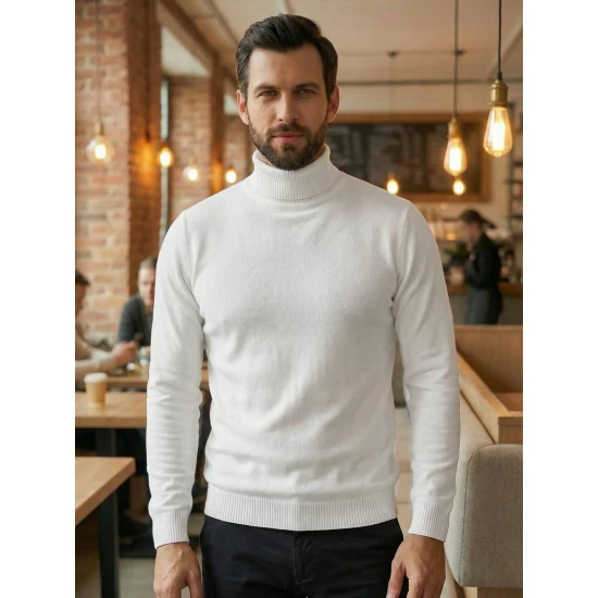 Vyriškas baltas megztinis su aukštu kaklu Melba