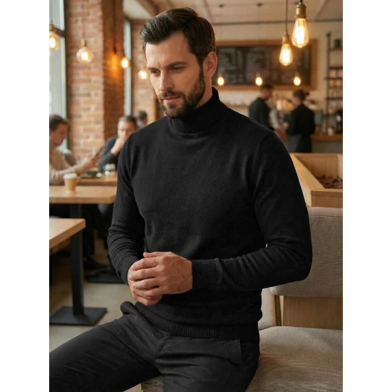 Vyriškas juodas megztinis su aukštu kaklu Melba