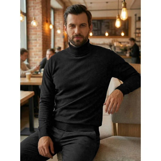 Vyriškas juodas megztinis su aukštu kaklu Melba