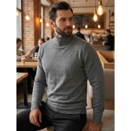 Vyriškas pilkas megztinis su aukštu kaklu Melba