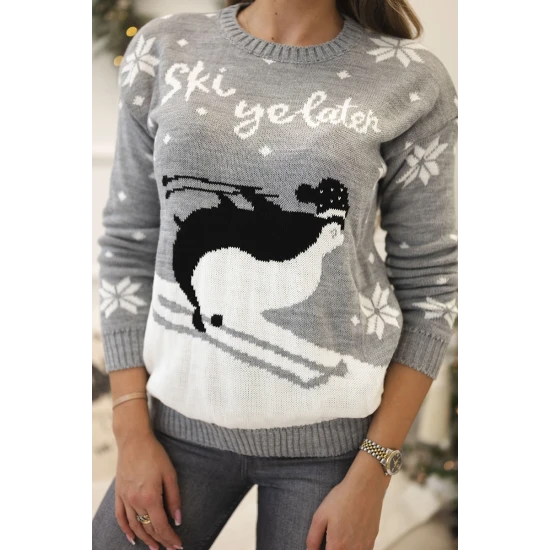 Moteriškas pilkas kalėdinis megztinis Ski