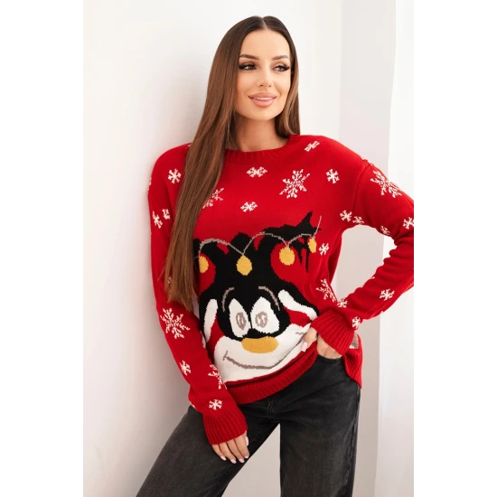 Moteriškas raudonas kalėdinis megztinis su elniu Deer