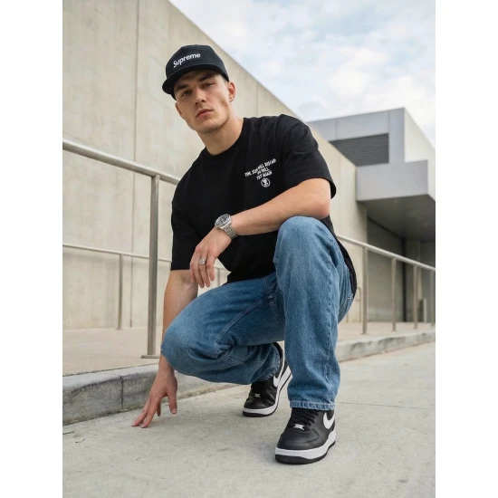 Vyriški juodi oversize marškinėliai Jevin Marškinėliai su užrašais