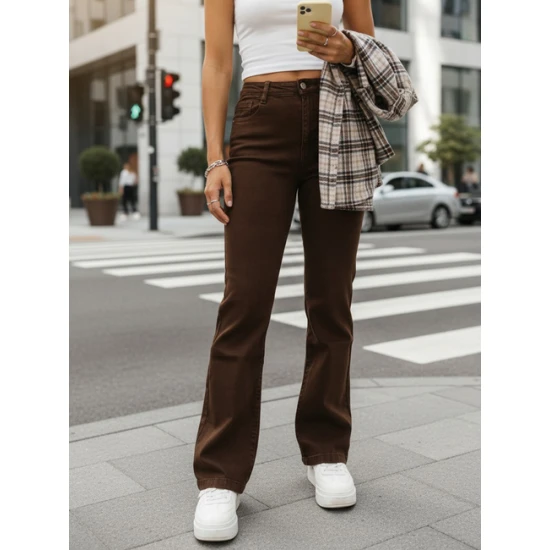 Moteriški rudos spalvos aukštu liemeniu džinsai Lind Džinsai ir Kelnės