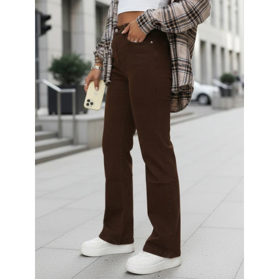 Moteriški rudos spalvos aukštu liemeniu džinsai Lind Džinsai ir Kelnės