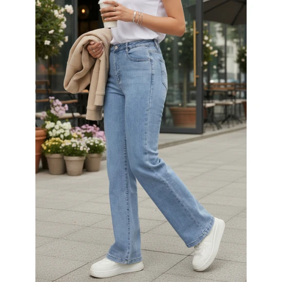 Moteriški šviesiai mėlynos spalvos aukštu liemeniu džinsai Lind Džinsai ir Kelnės