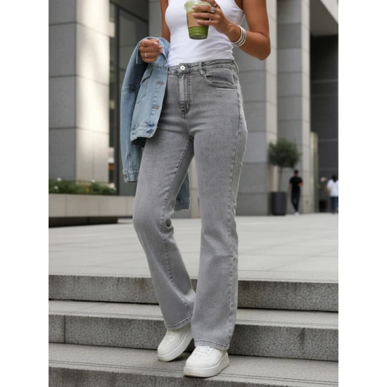 Moteriški pilkos spalvos aukštu liemeniu džinsai Lind Džinsai ir Kelnės