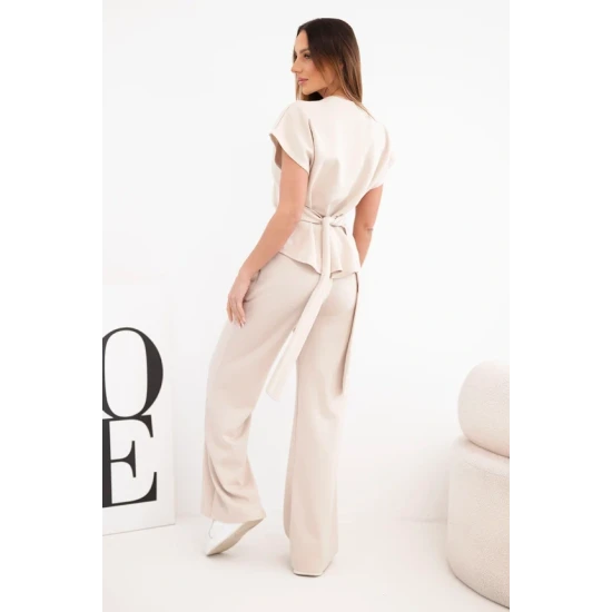 Moteriškas šviesiai rusvas komplektas plačiomis kelnėmis Floren Moteriški komplektai