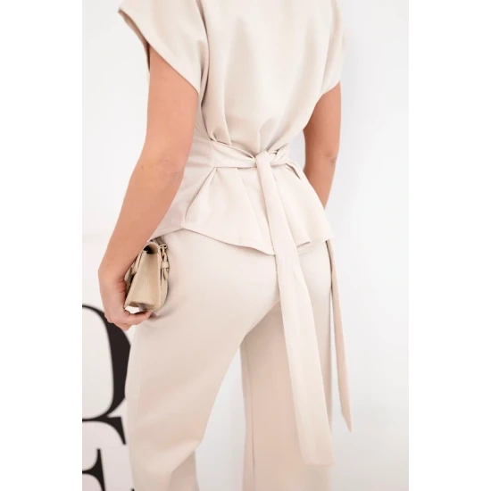 Moteriškas šviesiai rusvas komplektas plačiomis kelnėmis Floren Moteriški komplektai