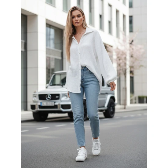 Moteriški muslino balti marškiniai Musline Moteriški marškiniai