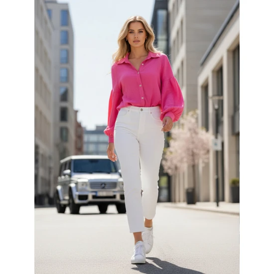 Moteriški muslino ryškiai rožiniai marškiniai Musline Moteriški marškiniai