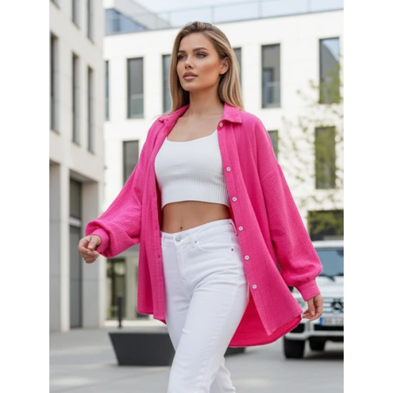 Moteriški muslino ryškiai rožiniai marškiniai Musline Moteriški marškiniai