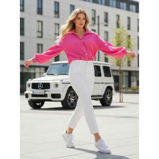 Moteriški muslino ryškiai rožiniai marškiniai Musline Moteriški marškiniai