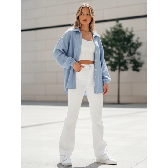 Moteriški muslino mėlyni marškiniai Musline Moteriški marškiniai