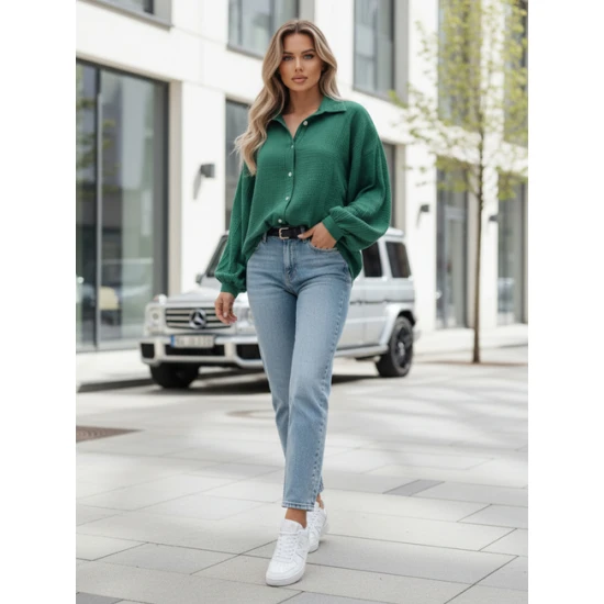 Moteriški muslino žali marškiniai Musline Moteriški marškiniai