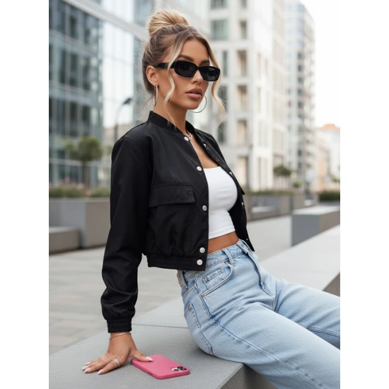 Moteriška pereinamojo sezono juoda bomber striukė Keli Moteriškos striukės