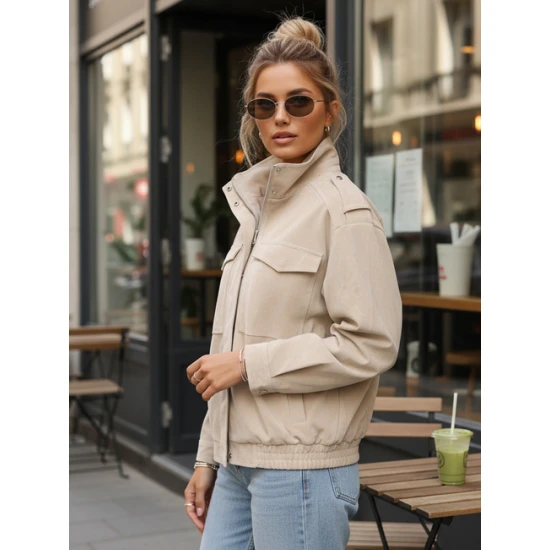 Moteriška smėlio spalvos zomšinė bomber striukė Silin Moteriškos striukės