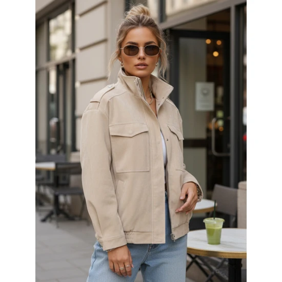 Moteriška smėlio spalvos zomšinė bomber striukė Silin Moteriškos striukės