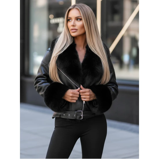 Moteriška juoda striukė su juodu kailiuku Real Moteriškos striukės