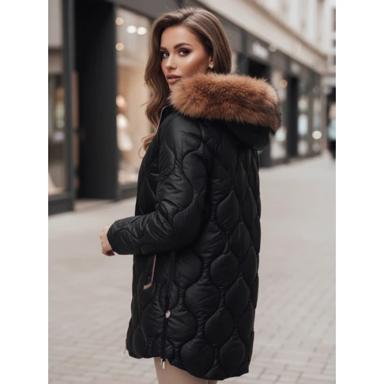 Moteriška juoda žieminė striukė su ruda detale Lumor