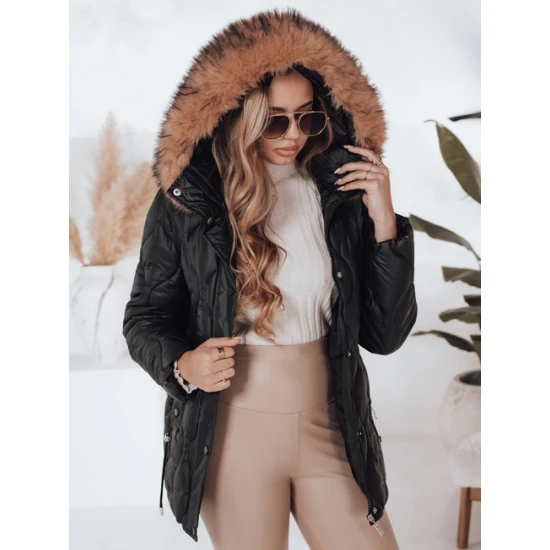 Moteriška juoda žieminė striukė su rudu kailiuku Lumor